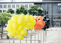 Luftballons in schwarz, rot, gold und in den Landesfarben weiß/grün schmückten das Landtagsgebäude